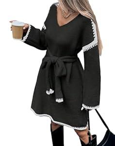 Fall Sweater Dresses for Women 2025 with Belt, Oversized Long Sleeve V Neck Knee Length A Line Color Block Knit Dress, Black, Small