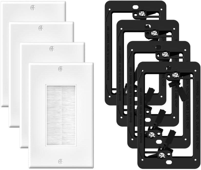 Brush Wall Plate with Mounting Bracket, 4 Pack Cable Pass Through Decorator Cover for Low Voltage Wires, Single Gang Cord Hider for TV Home Theater System (White and Black)