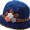 Flower Knit Crochet Fuzzy Bucket Hat Women Winter Warm Beanies Hat Furry Plush Faux Fur Fishing Skull Cap Fishman Hats (Navy)