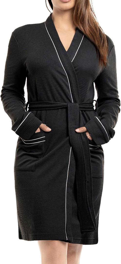 NY Threads Waffle Robes for Women, Soft Womens Robe, Lightweight Knee-Length Women's Bathrobe (Medium, Black)