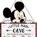 Little Man Cave Wooden Hanging Wall Sign, Mouse Wood Hanging Sign for Boy's Room Decoration, Baby Boy Nursery Door Sign Decor For Toddlers Kids Bedroom Red & Black Buffalo Plaid