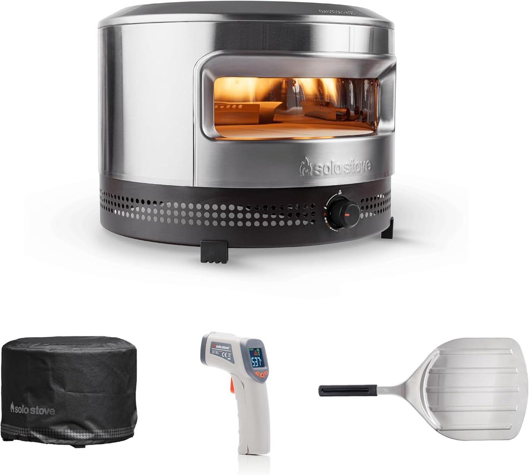 Solo Stove Pi Prime 21" x 16" Stainless Steel Propane Outdoor Pizza Oven Bundle with IR Thermometer, Stainless Peel & Shelter 12" Panoramic Opening, Demi-Dome Heating, 90-Second Artisan Pizzas
