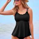 Aleumdr Women's Tankini Bathing Suit 2 Piece Tummy Control Swimsuit Scallop Trim Tankini Top with Bottom (Black, L)