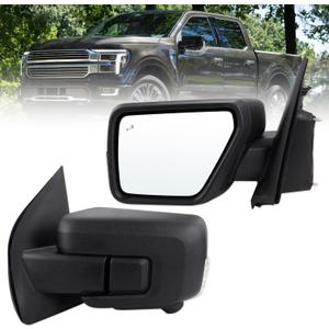Left Driver Side Mirror Compatible With 2021-2026 Ford F150 With Manual Folding Power Glass Heated Blind Spot Turn Signal Light Matte Black Replace#ML3Z17683TA (9Pins)