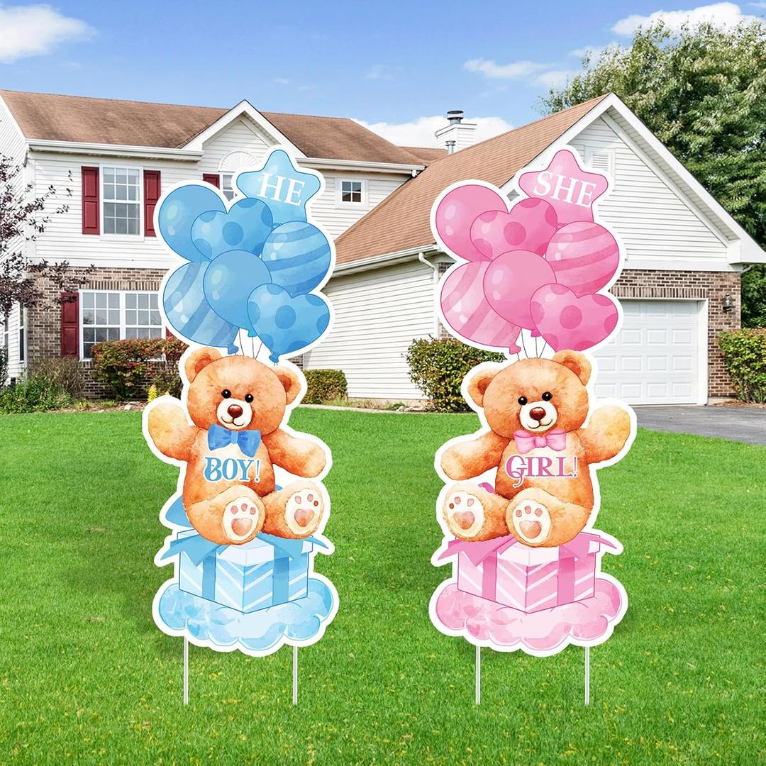 2 Sets Baby Shower Plastic Yard Sign with Stakes Gender Reveal Outdoor Decorations Blue Pink Boy or Girl Yard Sign He and She Bear Lawn Sign Newborn Welcome Sign for Gender Reveal Party Supplies