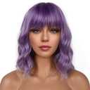 LANCAINI Short Bob Wigs with Bangs for Women Loose Wavy Wig Curly Wavy Shoulder Length Bob Synthetic Cosplay Wig for Girl Colorful Costume Wigs (Violet)