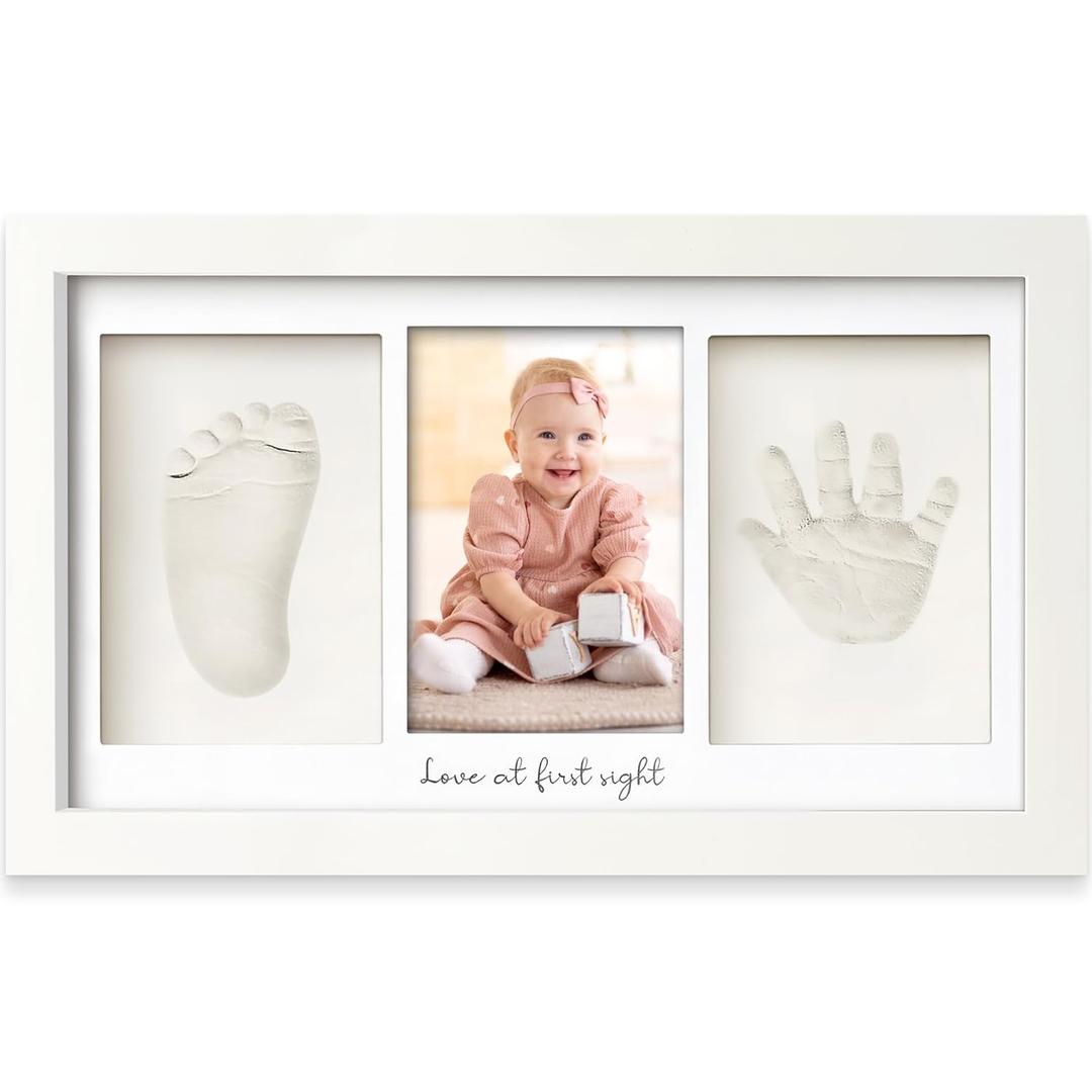 Baby Hand and Footprint Kit - Clay Handprint Keepsake Frame, Newborn Nursery Picture Frame, Personalized New Mom Gifts for Baby Shower & Registry (Alpine White) (Duo Frame, 13" x 7.9")