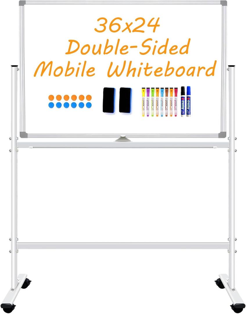 BSTPCOO Double-Sided Dry Erase Board with Stand 36"x24", Magnetic Mobile White Board Rolling Whiteboard on Wheels Drawing whiteboard with Stand for Kids & Adults, 2 Eraser, 10 Markers, 12 Magnets