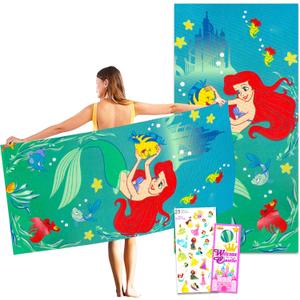 Disney The Little Mermaid Towel Set for Kids - Bundle with 1 (27"x54") Ariel and Flounder Towel, Stickers and More (The Little Mermaid Pool and Bathroom Set)