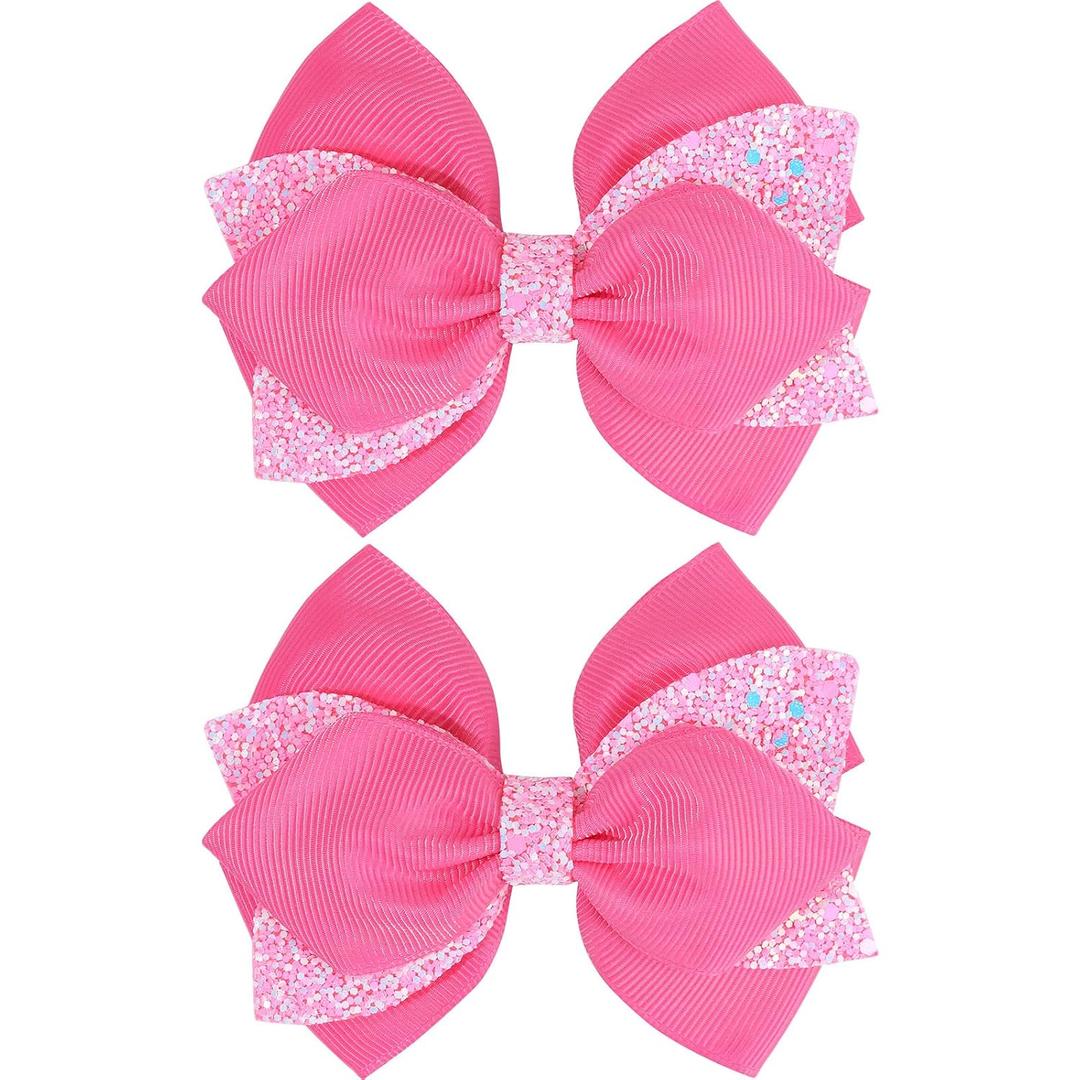 4 Inch Sparkly Glitter Pink Hair Bow Clips for Girls Boutique Sequin Alligator Barrettes Pins for Teens Toddler Children Kids Grosgrain Hair Accessories for Christmas Halloween Fall Birthday
