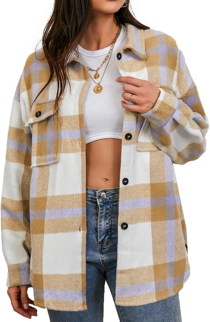 CHYRII Women's Casual Flannel Plaid Shacket Button Down Long Sleeve Shirt Jacket Coats with Pockets (XX-Large, Tan+purple-7159)
