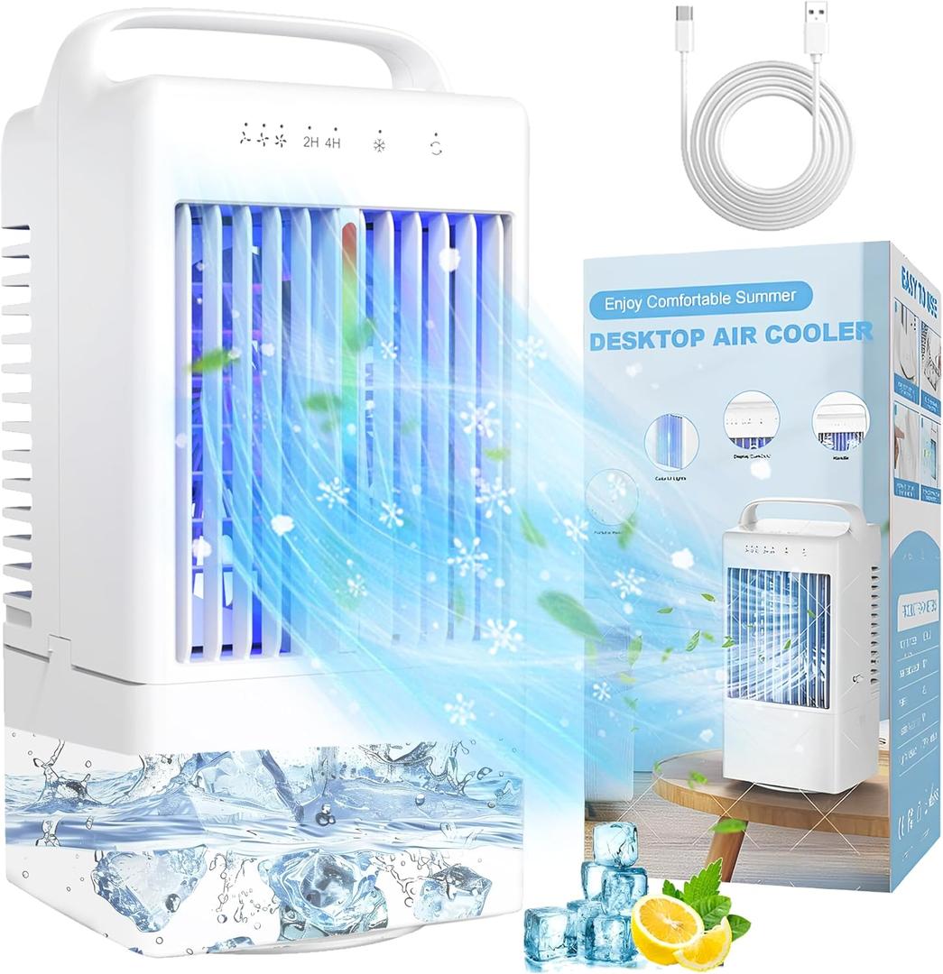 Portable Air Conditioners - Upgraded 90 Auto Swing Mini Personal Air Conditioner - 3 Speeds & 2/4H Timer, 900ml Water Tank, 7 Color Light, Evaporative Air Cooler AC Cold Fan for Bedroom Office Desk