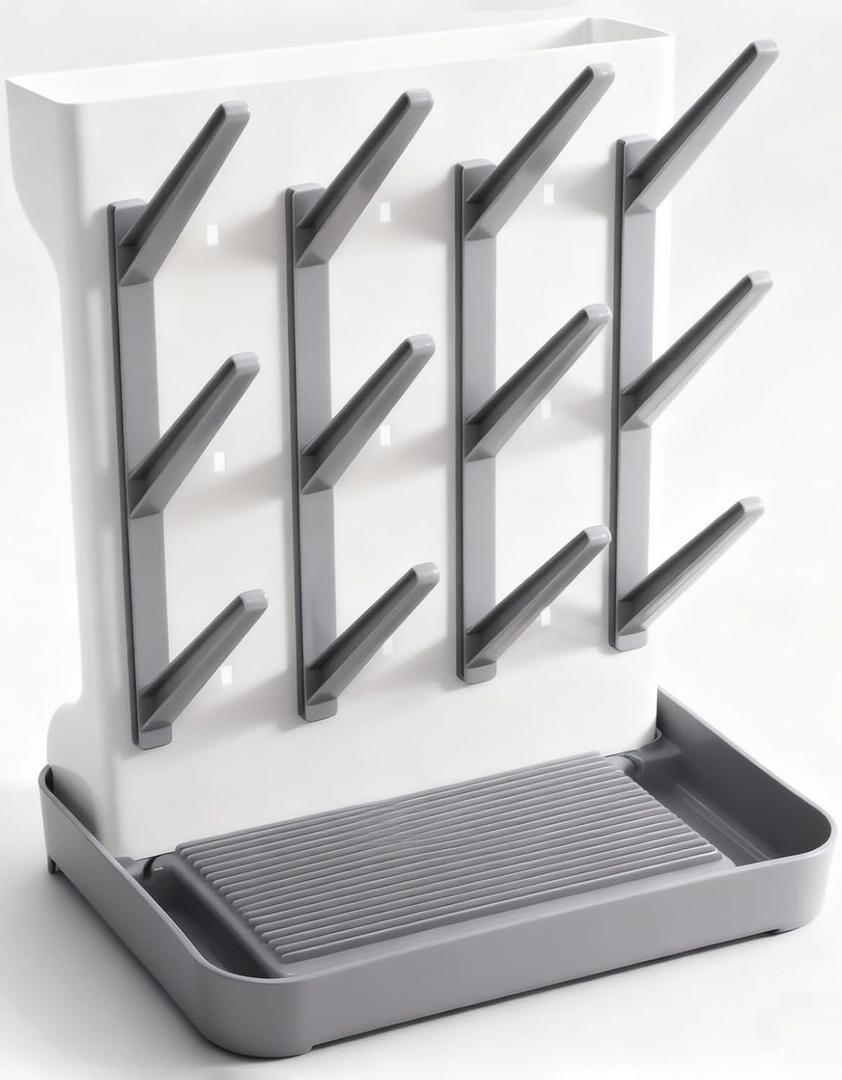 Ariseno Baby Bottle Drying Rack, Vertical Space Saving Countertop Holder - Large Capacity for 12 Bottles, Pump Parts, Pacifiers, Brushes, Sippy Cups - BPA-Free, Baby Accessories Organizer - Grey