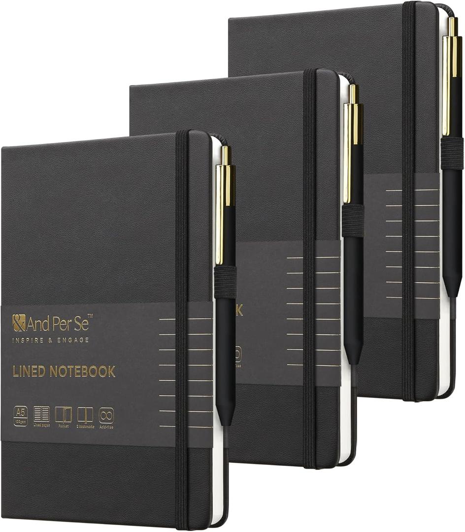 &And Per Se Lined Journal and Pen Set (3 Packs), A5 Leather Hardcover Notebook with Pen & Stationary Set, 160 Pages 100GSM Thick Ruled Paper Journal for Business Work Writing (Black)
