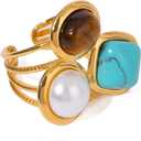 OIDIMS Geometric Turquoise Tiger Eye Pearl Statement Adjustable Open Ring for Women Bohemian Style Fashion Gold Plated Stacking Finger Rings Stainless Steel Fashion Wedding Cocktail Party Y2K Jewelry