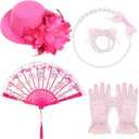 Obmwang 5 Pieces Girls Tea Party Supplies Tea Party Gloves Hats Girls Kids Tea Party Necklace Fan for Girls Tea Party Costume (Rose Red)