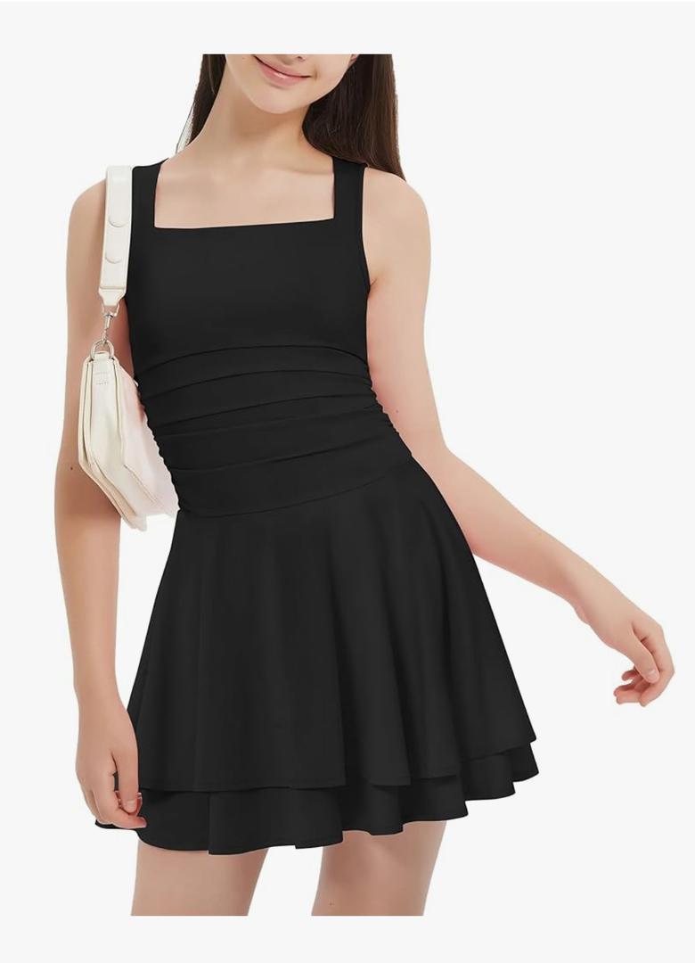 EXARUS Girls Square/Cowl Neck Dress Ruffle Hem Flowy Mini Ruched Waist Sleeveless Short A Line Party Dresses 14Y