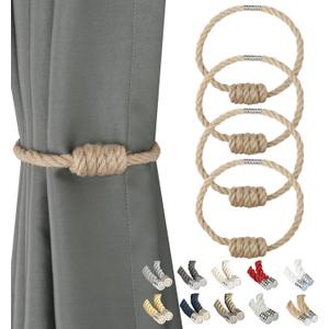 BEL AVENIR Magnetic Jute Curtain Tiebacks, Decorative Drapery Holdbacks Bohemian Style Woven Tie-Backs with Exquisite Knot (Jute, 4 Pack)