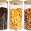 ComSaf Airtight Glass Storage Canister with Wood Lid(1.5 Qt), Set of 3 Glass Jars with Lids, Clear Food Storage Container Jar with Sealing Lids for Dry Food Cereal Oat Sugar Tea Coffee Beans, Round