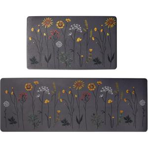 Rempry Kitchen Rugs and Mats Set of 2, Colorful Flowers Kitchen Mats for Floor, Non Slip Cushioned Anti-Fatigue Floor Mats for Kitchen Sink Office, 17"x47"+17"x29"