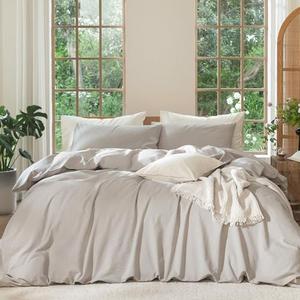 MooMee Bedding Duvet Cover Set 100% Washed Cotton Linen Like Textured Breathable Durable Soft Comfy (Heathered Cream Grey, King 104"x90")