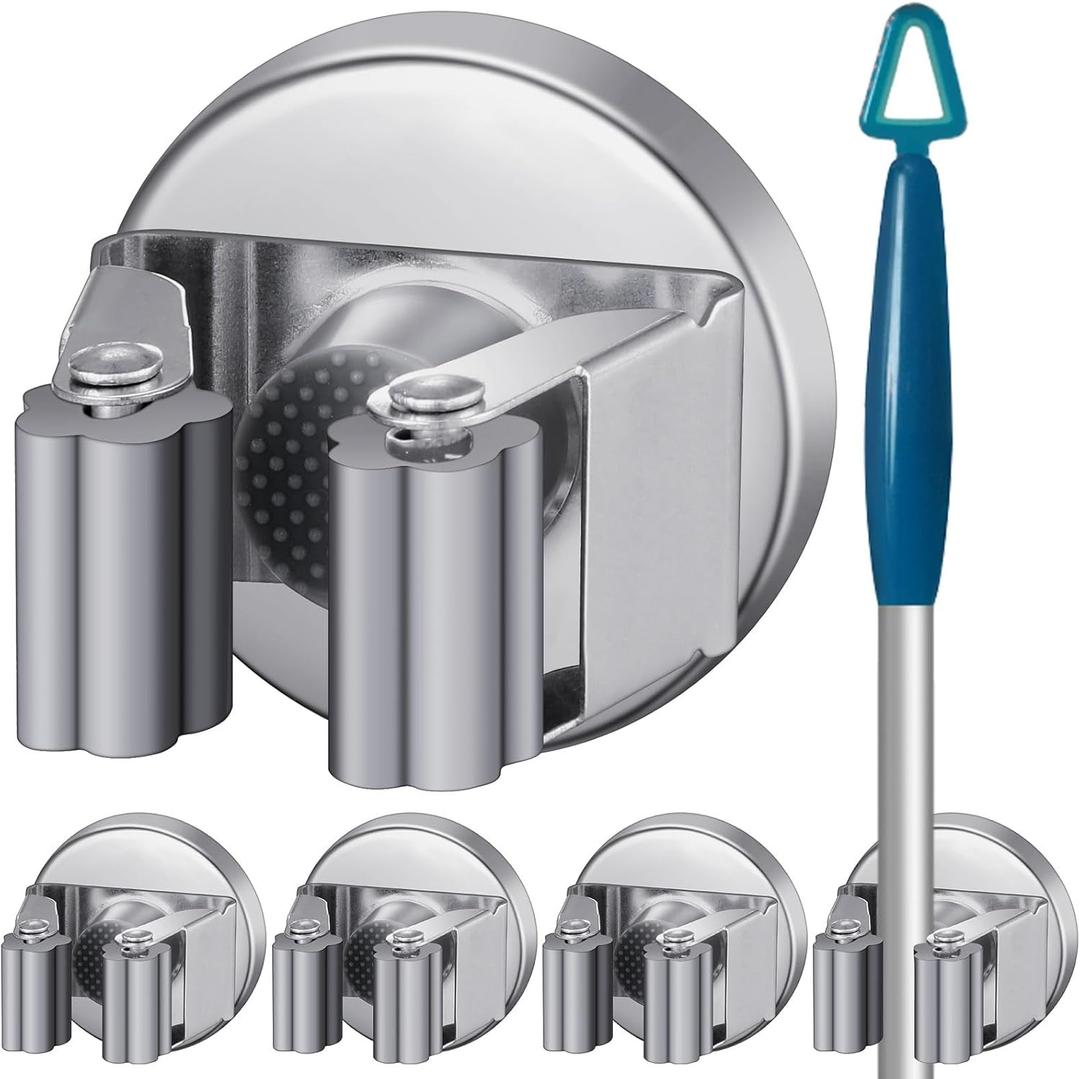 Vercraft 4 Pcs Magnetic Mop Broom Holder Movable Magnetic Broom Holder Rack, Anti Slip Wall Mounted Utility for Cleaning Tools, Garage, Kitchen, Laundry, Garden (Silver)