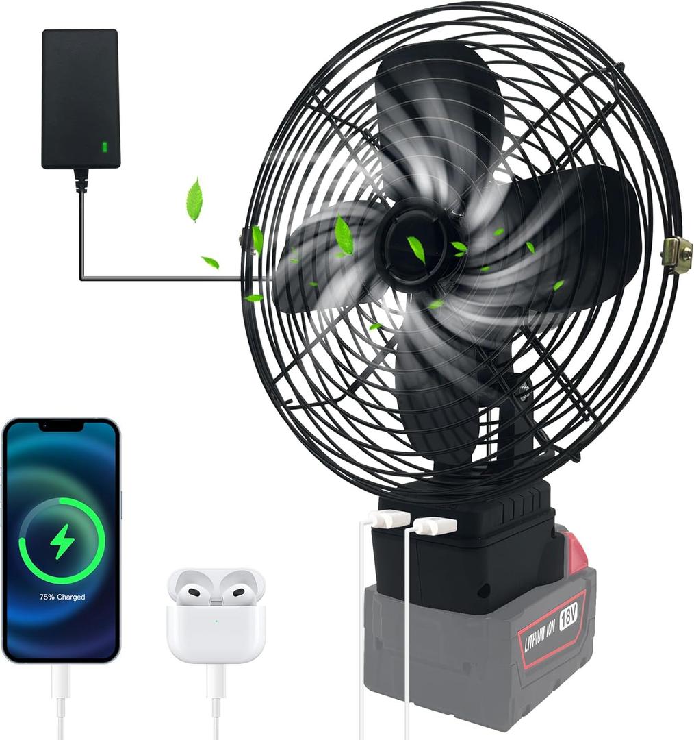Portable Cordless F-an for Milwaukee m18 Battery, Cordless Works Fan Ba-ttery Powered F-an,20W 3500RPM Brushless Motor Fan with Low Voltage Protection,USBPort for Industrial,(No Battery)