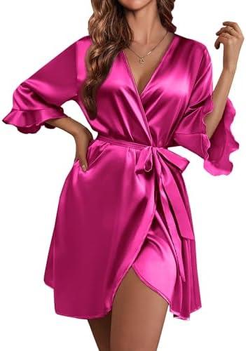 Ekouaer Women's Satin Robe Valentines Lingerie for Women Kimono Bathrobe Short Ruffle Belted Robes Bridesmaids Sleepwear Size M