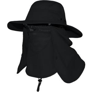Wide Brim Sun Hat with Detachable Face Cover & Neck Flap Waterproof Safari Fishing UPF 50+ UV Protection Hat for Men Women (One Size, Black)