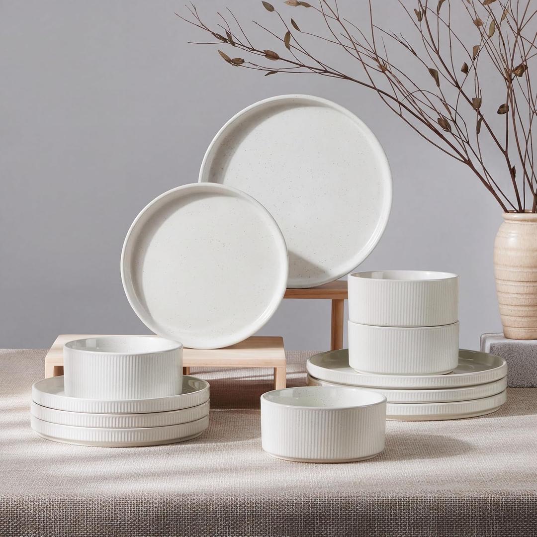 HaWare Dinnerware Sets, Plates and Bowls Set for 4, Speckled Ivory White
Stoneware, Fluted Design, 12-Piece Dish Set for Home Restaurant, Chip and Scratch Resistant, Microwave and Dishwasher Safe