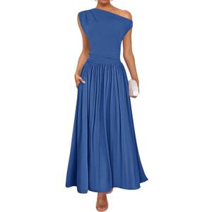 ZESICA Women's Summer 2026 Sleeveless Maxi Dress One Shoulder Casual Slim Swing Pleated Formal Dresses with Pockets (Blue, L)