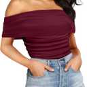 SAUNGKUAI Women's Short Sleeve Bodysuit Off the Shoulder Mesh Ruched One Piece Body Suits Summer Outfits (X-Large, Plum)