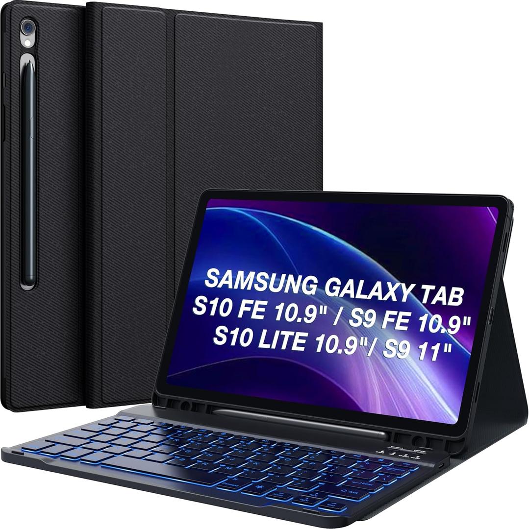 CHESONA for Samsung Galaxy Tab S9 Fe Case with Keyboard, 7-Color Backlit, Magnetic Detachable Keyboard & S Pen Holder, Wireless Keyboard Case for Tab S10 Lite/ S10 FE/S9 FE 5G 10.9" & Tab S9 11''