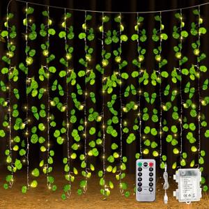 Unittype 15 Pcs 6.6 ft 300 LED Fake Ivy Vines Window Curtain String Light for Bedroom, Artificial Hanging Ivy Vines Plant Garland with Light for Wall Garden Outdoor Indoor Decor(Eucalyptus Leaf)