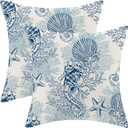 Summer Coastal Pillow Covers 18x18 Set of 2, Blue Beach Nautical Ocean Theme Seahorse Coral Seashell Starfish Throw Pillows Outdoor Cushion Case Decorations for Home Couch Sofa