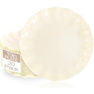 LIYH 20 Pcs 10 Inch Beige Plastic Plates Reusable - Unbreakable Plastic Scalloped Wavy Dinner Plates for Baby Shower Camping Party Outdoor Picnics Dishwasher Safe BPA Free