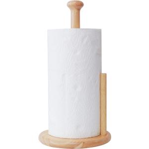 Paper Towel Holder Large Base Dia 7" Wooden Natural Color Countertop with Rubber Wood Round Base Kitchen Bathroom Roll Organizer Wooden Paper Holder Stand for Dining Table Home (ZJ281Y)