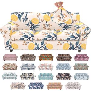 Stretch Couch Covers for 3 Separate Cushion Couch Sofa,Floral Printed Couch Sofa Cover,Washable Sofa Slipcover,Pet Friendly Furniture Protector with Elastic Bottom,Universal Fit for Home(Sofa,Cover) (Orange Color+leaves)