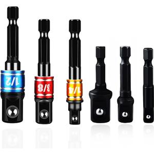 Impact Grade Power Drill Socket Adapter Sets 6 PCS, 50mm-73mm Long Impact Socket To Drill Adapter Set 1/4 3/8 1/2 Hex Shank Impact Driver Bit Set Socket Holder, Black Drill Bit Attachments -BCS6