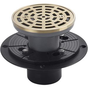 4 1/4 Inch Shower Drain Round Brushed Gold Color, Removable Grille Strainer Screws in Drain Cover, Base with Adjustable Drain Flange Kit PVC, SUS304 Stainless Steel Brass Face