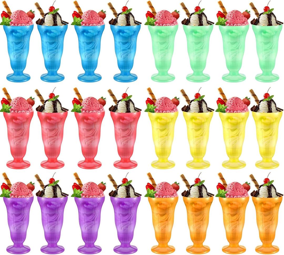24 Pack Plastic Milkshake Cups Ice Cream Sundae Glasses Plastic Old Fashioned Soda Shoppe Sundae Cups Bright Neon Color Set for Kids Children, 50s Party Decorations