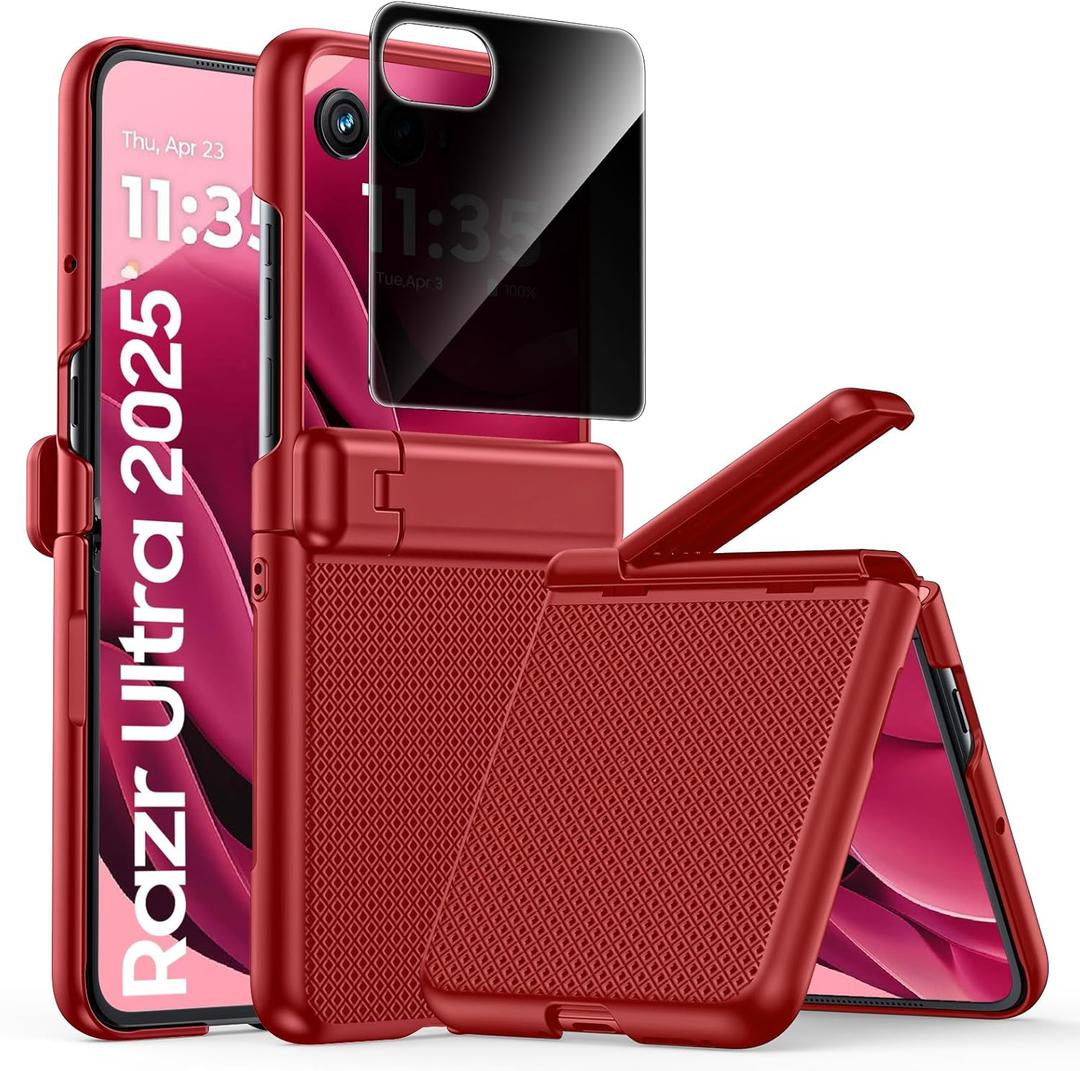 Spugan for Motorola Razr Ultra 2025 Case, Built-in [Privacy Screen Protector] [Hinge Protection] [Hidden Kickstand] Slim Shockproof Phone Case for Motorola Razr Ultra 2025 (Burgundy Red)