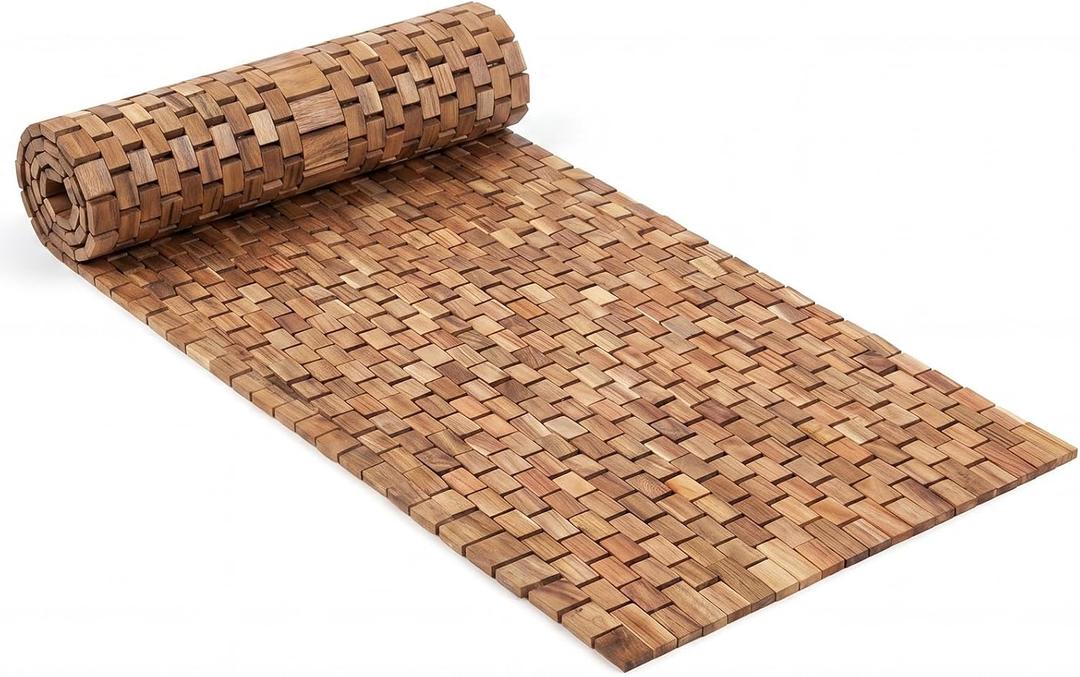 Teak Wood Bath Mat 48 x 16 Inch, Extra Long Non Slip Wooden Shower Mat for Bathroom, Teak Spa Accessory for Bathtub Area, Spa Home or Outdoor
