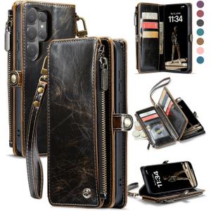 Defencase for Galaxy S26 Ultra Case Wallet with RFID Blocking Card Holder for Women Men, PU Leather Magnetic Snap Flip Wrist Strap Zipper Wallet Phone Cases for Samsung Galaxy S26 Ultra 6.9", Coffee