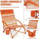2 Pack Low Beach Chair,Folding Recliner Camping Chair for Adults,Lightweight Backpacking Low Seat Camping Chairs with Cup Holder,Carry Bag for Outdoor Camp Picnic Festival,Orange Strip