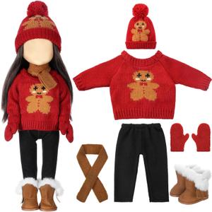 Fourluoo 6 Pcs Christmas 18 Inch Doll Clothes and Accessories Winter Outfits Set Sweaters Trousers Hats Shoes for 18 Inch Doll Gift(Red, Gingerbread)