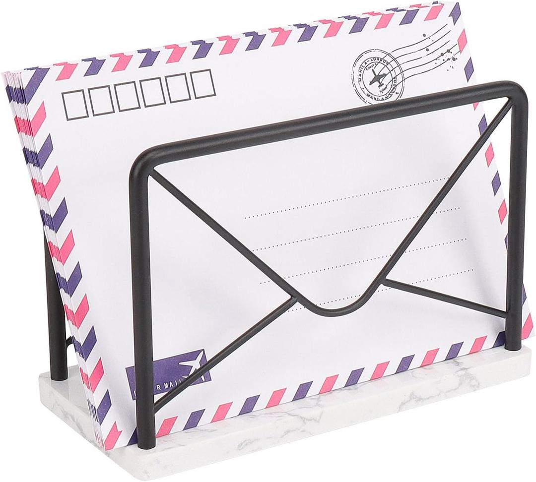 Modern Mail Holder for Home Office, Metal Letter Organizer Sorter for Desk, Cutout Mail Envelope Design, Bill Filling Paper Document Rack, Envelope Storage Rack with Marble Base (Black)