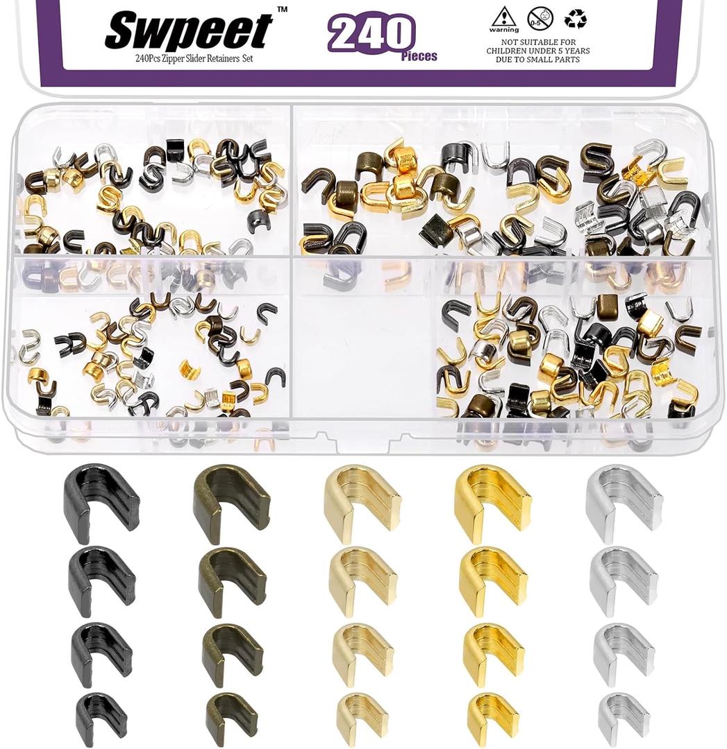 Swpeet 240Pcs 4 Sizes #3#5#8#10 Multicoloured Zipper Slider Retainers Assortment Kit, U Shape Top Stoppers Top Stop U-Clip Replacement Zipper Latch Slider Accessories for Clothing Handbags