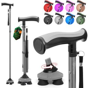 BeneCane Walking Cane for Men & Women Walking Stick for Seniors Folding Canes Quad Cane Adjustable Lightweight Sturdy Collapsible Heavy Duty with Soft TPR T-Handle and Travel Bag