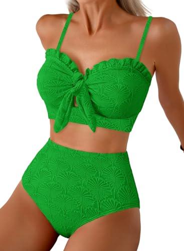 Herseas Women's High Waisted Tummy Control Bikini Sets Textured 2 Piece 2026 Summer Swim Suits Ruffle Supportive Bathing Suit Trendy Green Swimming Outfits, X-Large
